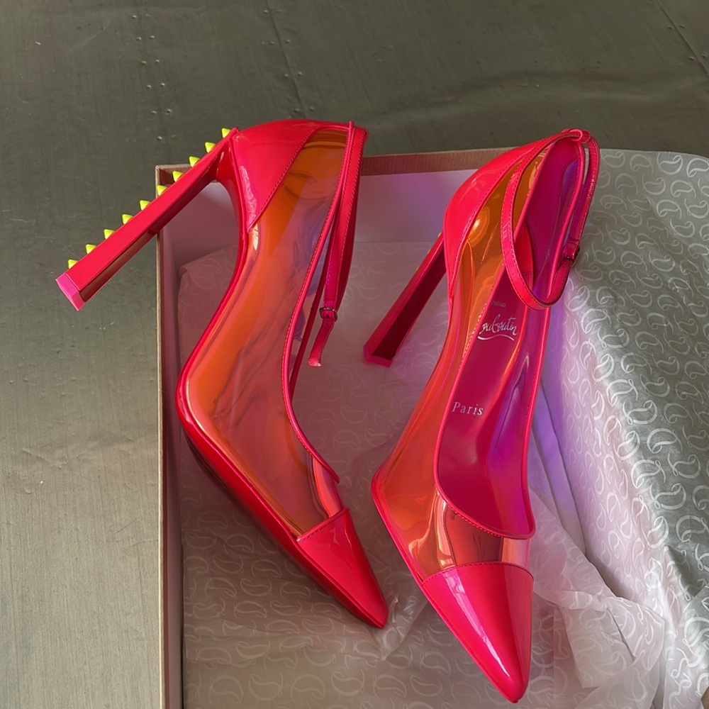 Christian Louboutin debout condorapik pink fluo neon yellow spike pump sz 39 - Picture 8 of 14
